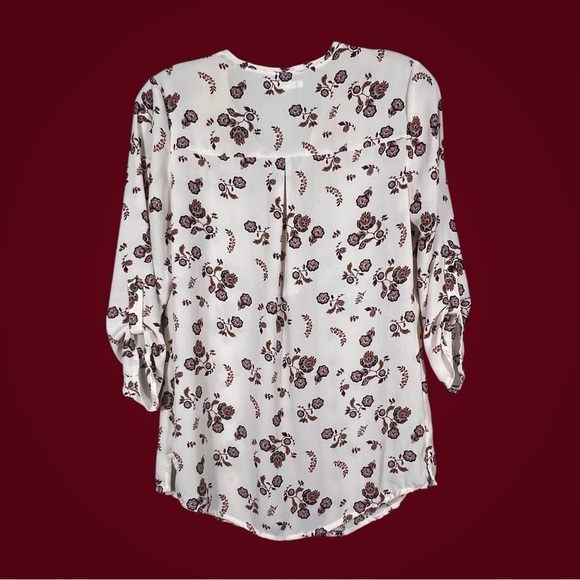 Cream Burgundy Boho Blouse Size XS Zip Neck Detail Tab Slv Festival Oversize Top - Picture 9 of 9